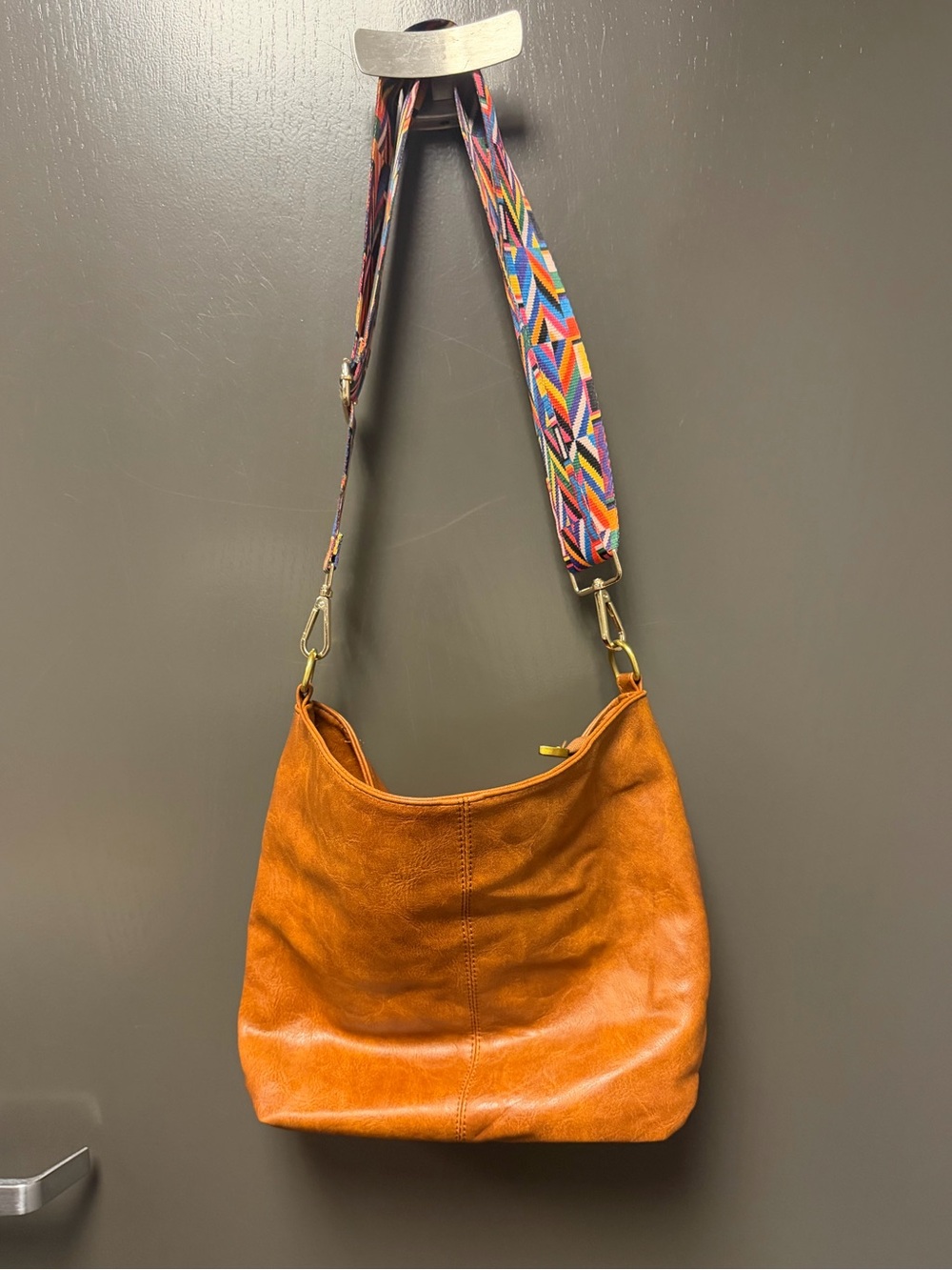 Leather Hobo Shoulder Bag with Colorful Strap - Tan